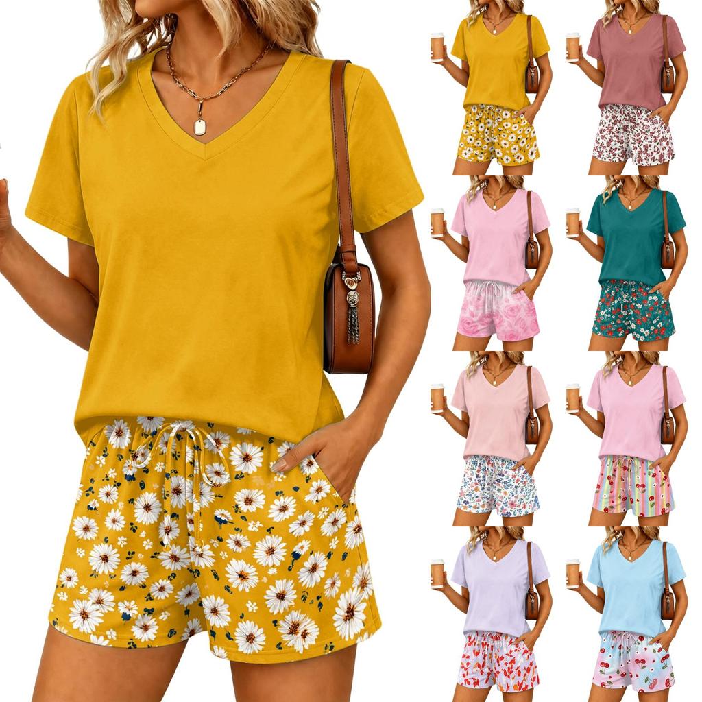 Women Two Piece Set V Neck Short Sleeve Top and Elastic Waist Drawstring Shorts Casual Lounge Wear Summer Pajama Set