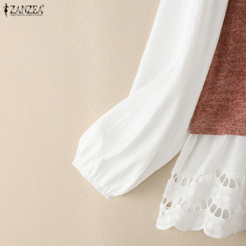 ZANZEA Lässige Patchwork-Bluse mit Rundhalsausschnitt und langen Ärmeln für Damen