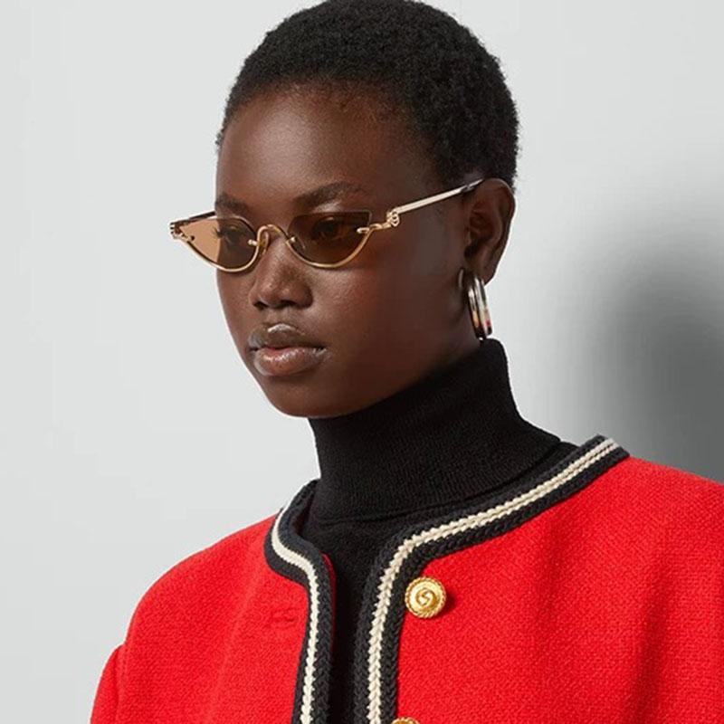 Luxury Designer Triangle Cat Eye Sunglasses Women Vintage Steampunk Half Frame Metal Shades Sun Glasses