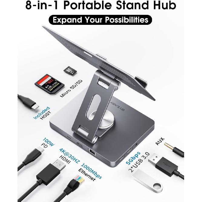 BYEASY iPad Stand, Laptop Docking Station, 8 in 1 iPad USB C Hub, Type-C Tablet Stand with HDMI, 3.5mm Jack, LAN, 100W PD Charging, 2*USB 3.0, SD/TF