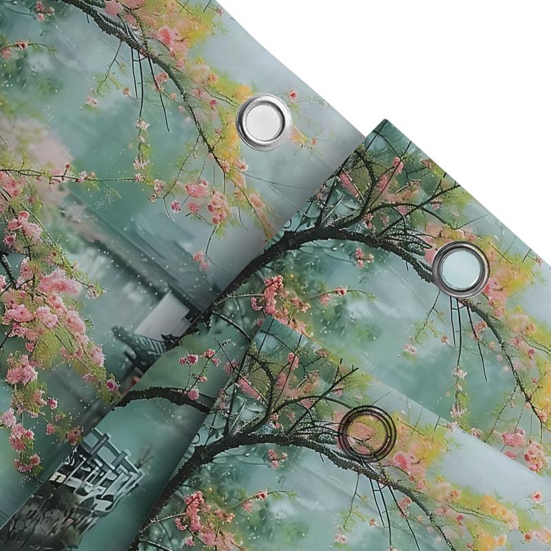 Elegant Scenic Shower Curtain With Blossom Tree And Traditional House Water Village Artwork For Home Decoration Elevate Space