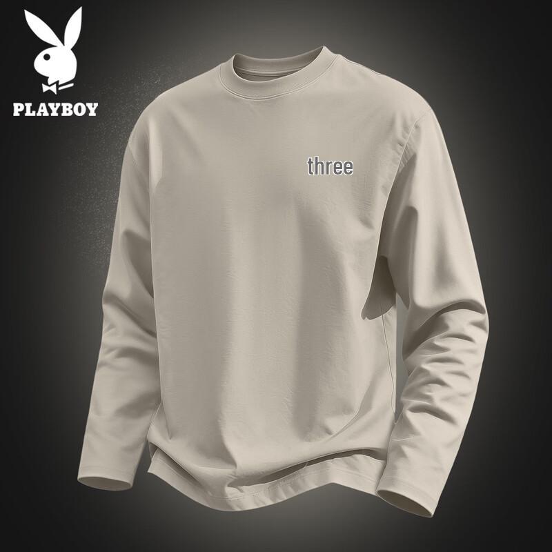 PLAYBOY Men's Pure Cotton Long-Sleeve Casual Crew Neck T-Shirt