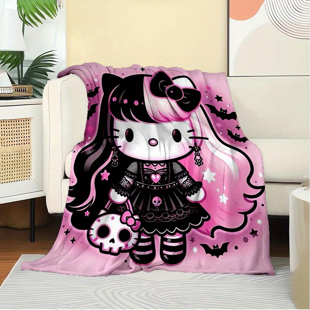 For Gothic, Hello Kitty, HalloweenAnime-Themed Flannel Blanket, Glam Style, Digital Print, All-Season Comfort, Tear-Resistant, Knitted Craft