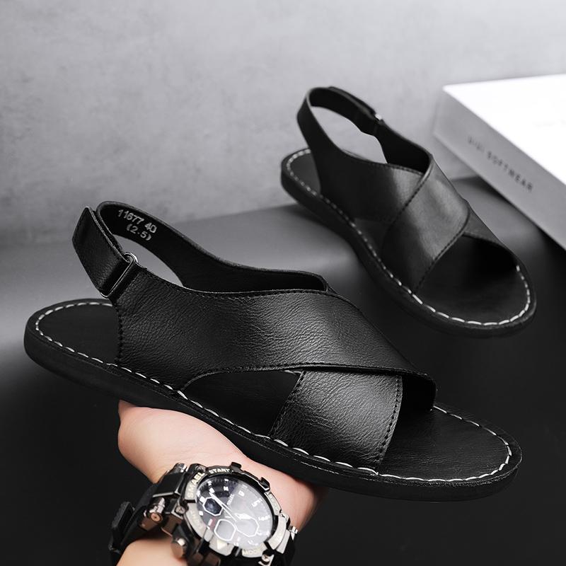 Fashion Vintage Style Summer Men's Sandals Genuine Leather Male Casual Shoes Outdoor Men Open-toe Beach Shoes Leisure Walk Roman Flats