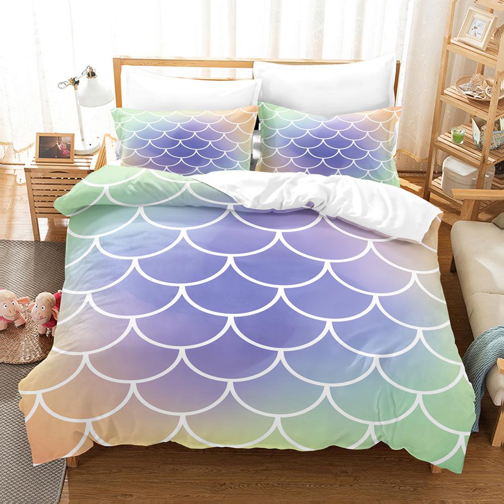 Laser Gradual Change Fish Scale 3D Digital Printing Three-Piece Set, Quilt Cover Pillowcase