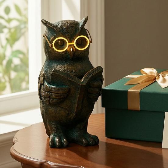 Reading Animal Figurine Retro Owl Rabbit Raccoon Reading Book Statue with Glow in The Dark Glasses for Bookshelf Desktop Home Decor