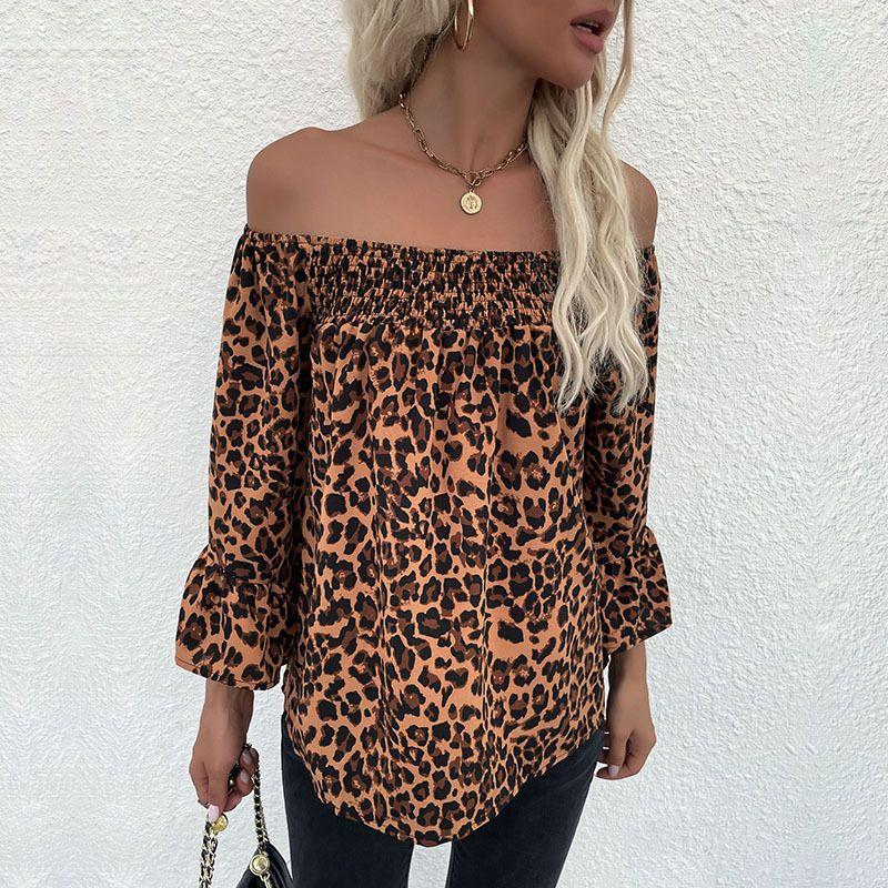 

Loose One-Shoulder Top Leopard Print Shirt Loose off-the-Shoulder Tops Leopard Print Coffee Brown M