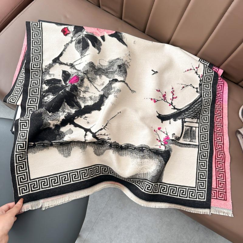Autumn and winter new imitation cashmere plum blossom retro ink painting style travel photo warm scarf mother shawl outside