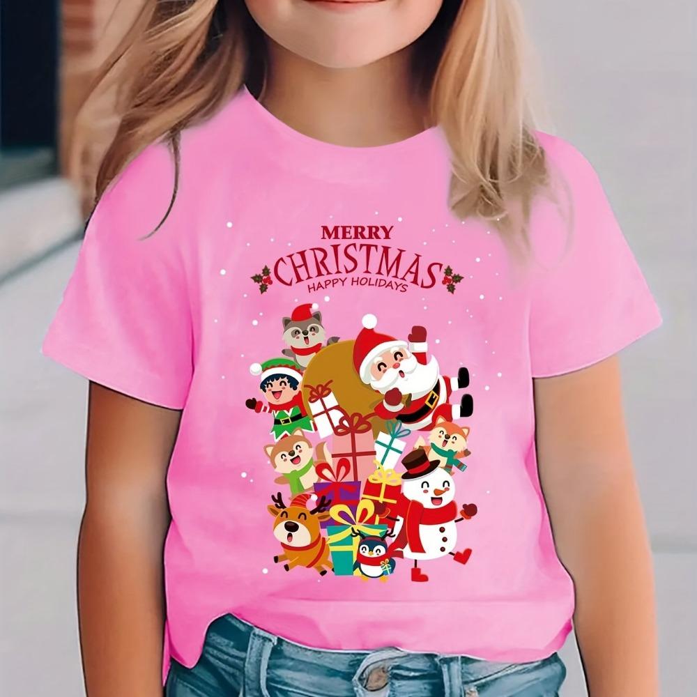 Christmas Summer Fashion Girls' Short Sleeved T-shirt with Santa Claus, Snowman, Cartoon Pattern Print