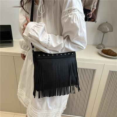 2025 New European and American Trend Bag Fashion Soft Leather Rivet Fringed Bag Single Shoulder Oblique Span Bag Big Women's Bag