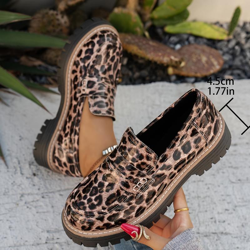 Women'S Retro British Style Loafers - Black & White Leopard Print, Chunky Sole, Slip-On Flats for All Seasons, Versatile Casual to Night Out Shoes