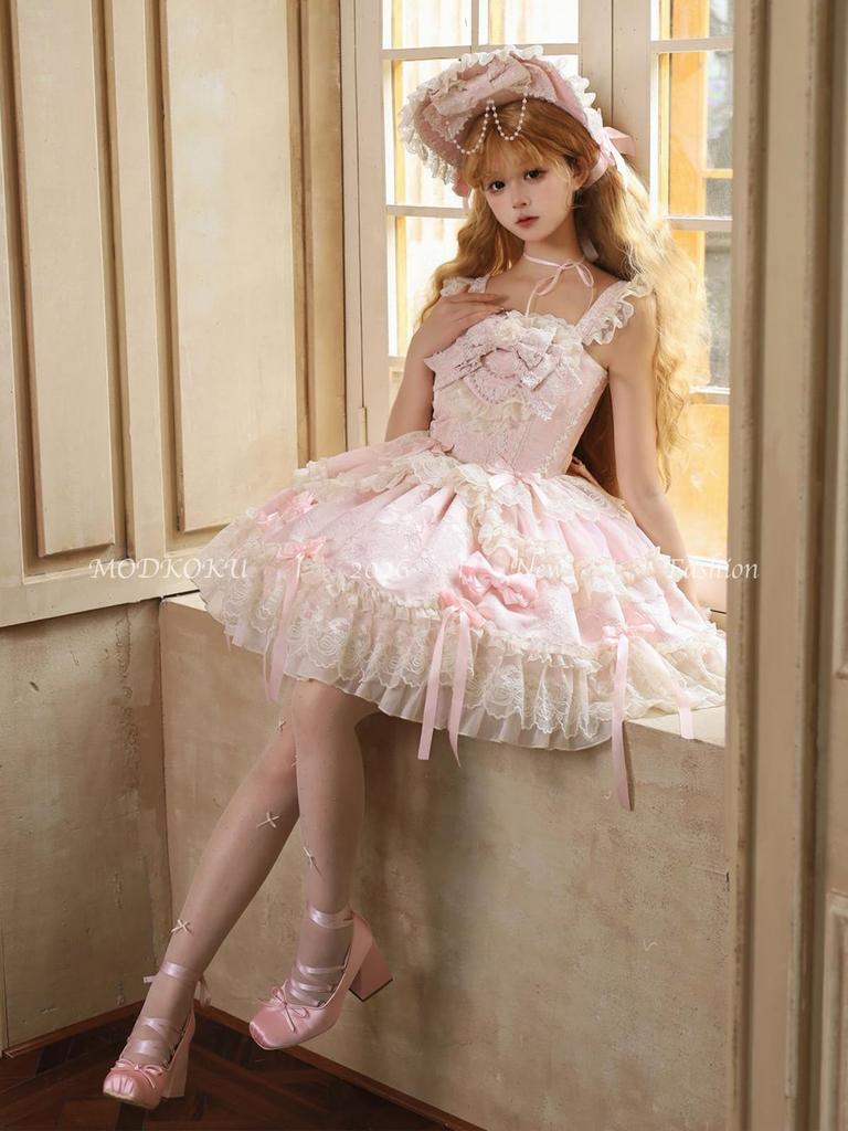 Lolita JSK Jumper Skirt Dress Lace Tiered Ribbon Frill Dress Clothing Palace Style Forest Girl Cute Sweet Princess Young Lady Idol Elegant Costume
