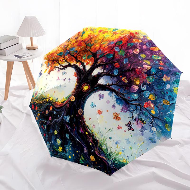 1 PC Automatic Folding Umbrella - Colorful Tree Pattern, Portable & Foldable Design with 8 Ribs, Christmas Birthday Gifts
