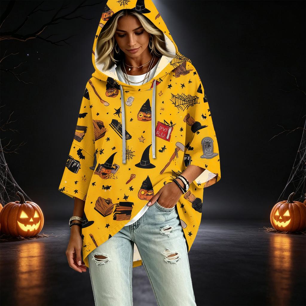 Women's 3/4 Sleeve Hooded Pullover Top with Halloween Print