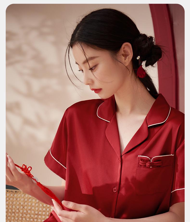 Xuanliang New Chinese Style Pajamas Women's Summer Ice Silk Short-Sleeved Pants Red Wedding Simulation Silk Home Furnishing Set