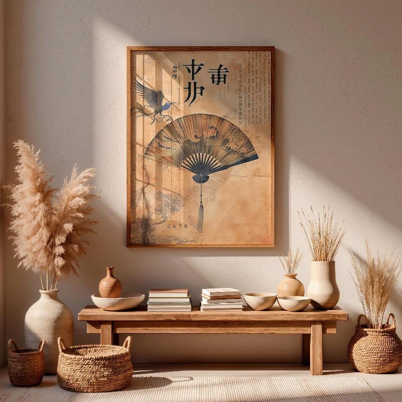 Artă de Caligrafie Japoneză Vintage: Set de 3 Tabouri Zen de Perete Pictură Tradițională cu Pensulă de Cerneală Decor Estetic Rustic Asiatic Set de Galerie