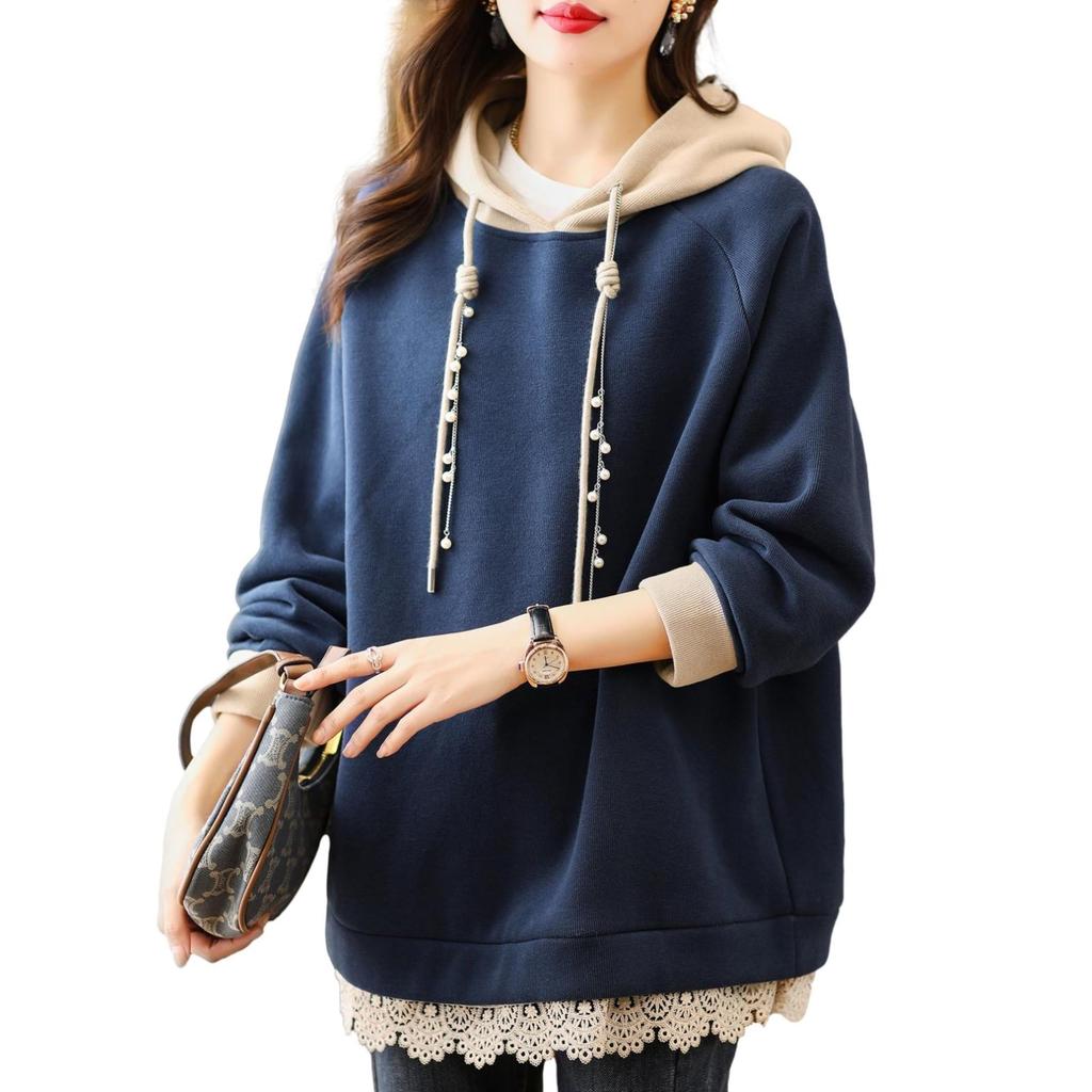 Blue Beryl Lace Long Fleece Loose [Limited Stock] Women's Hoodie, Pullover, Hem, Sleeves, Lining, Fit, Blue, BB028-BL-S
