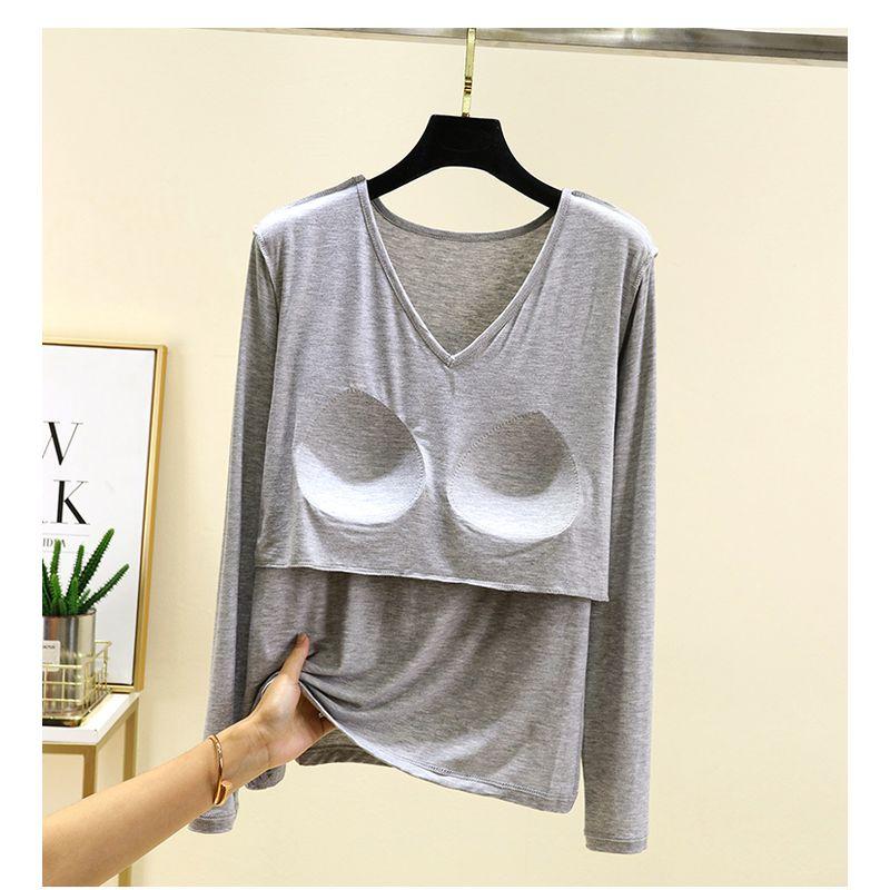 With Chest Pad Modal Long Sleeves Shirt Women Autumn Loose V-neck All-Match Casual Bottoming Shirt Thin Plus Size Top