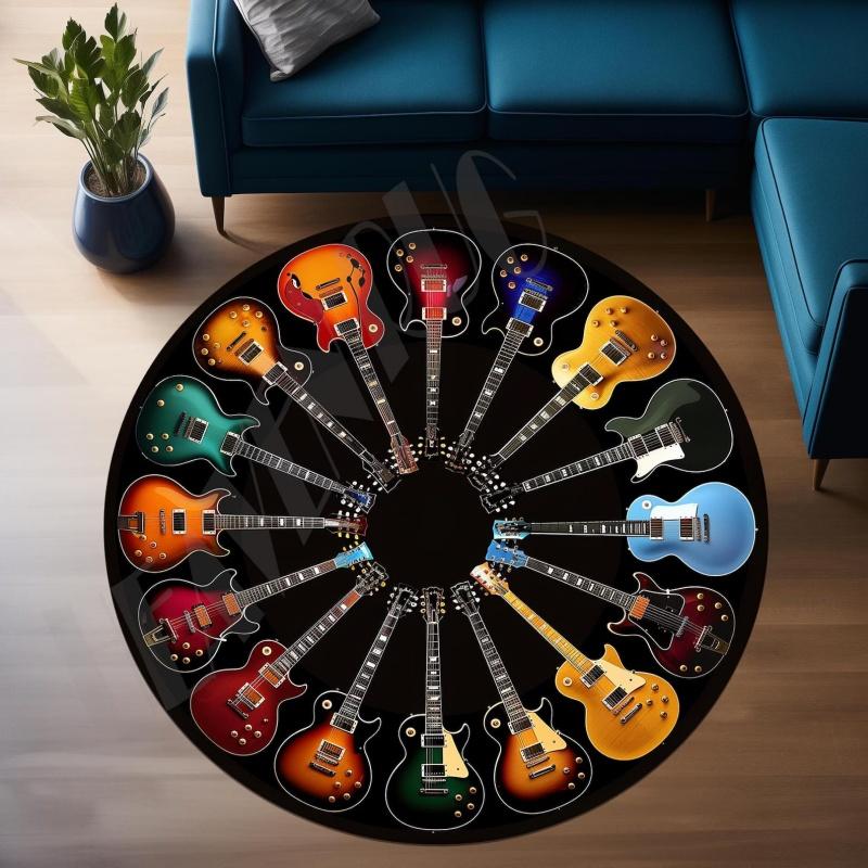 Round Black Gold Treble Clef Piano Key Musical Note Non Slip Floor Rug Music Studio Teacher Washable Indoor Living Room Bedroom Area Carpet
