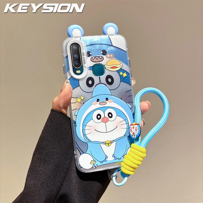 KEYSION Cute Ear Cartoon Case for VIVO Y17 Y15 Y12 with Lanyard Soft Silicone+PC Shockproof Phone Back Cover for VIVO Y11 2019