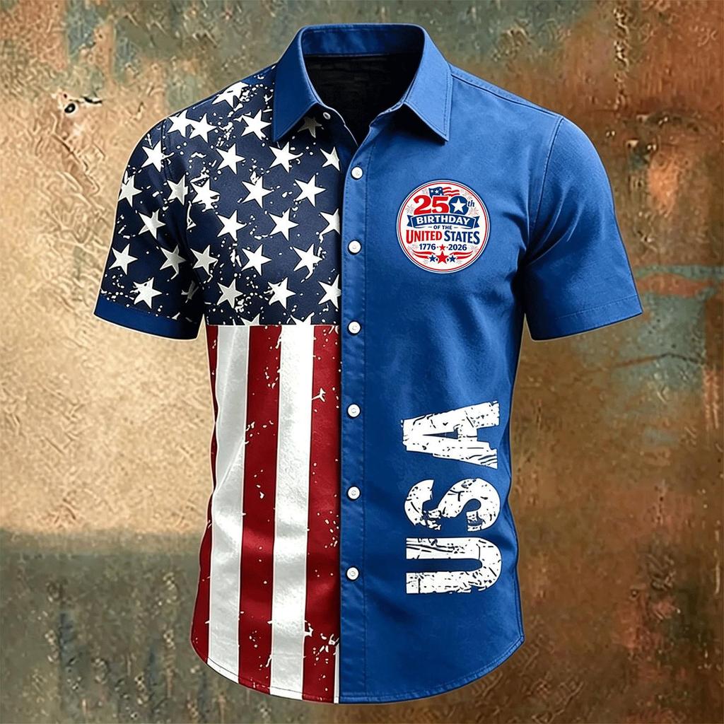 Men Short Sleeve Button Down Casual Collared Shirt with United States Letter Print and Flag Pattern for Spring Summer Wear
