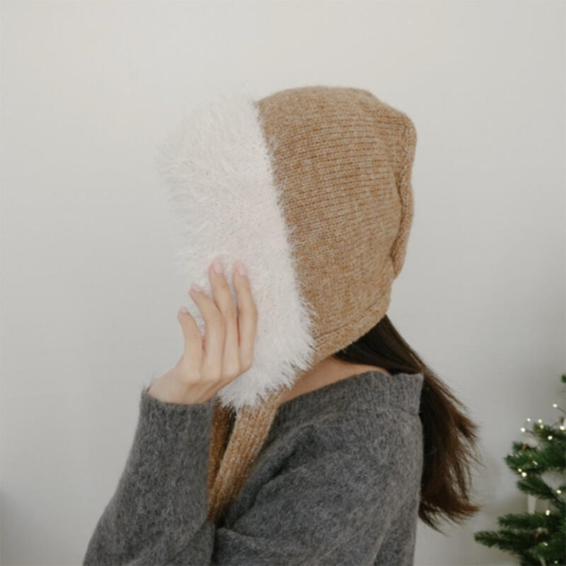 Women s Hooded Fur Trimmed Wool Knit Babushka Hat black