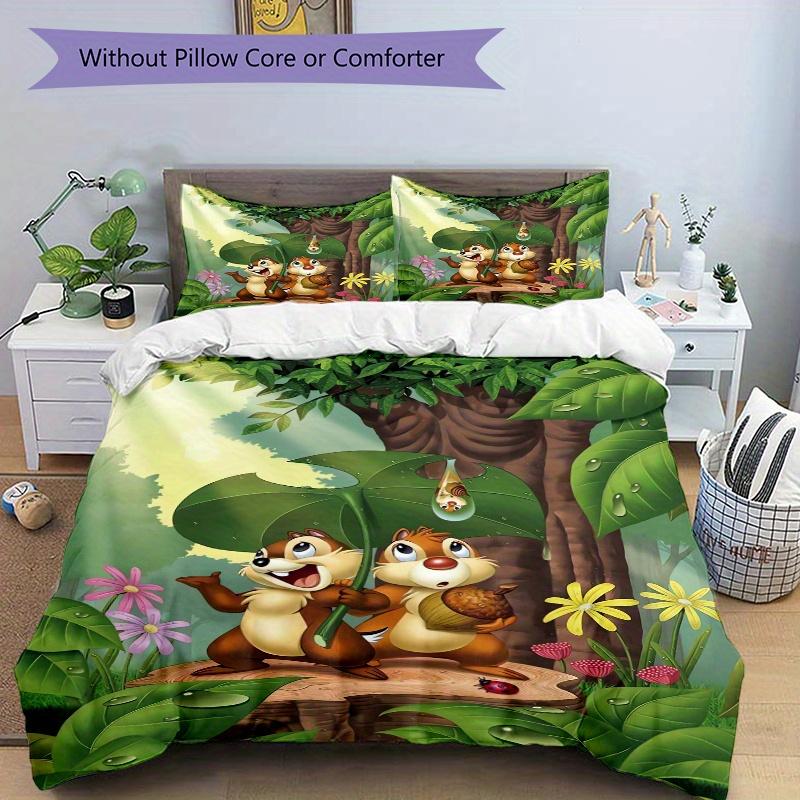 3pcs Cartoon Chip & Dale Print Bedding Set (1 Cover + 2 Pillowcases, Without Inserts) S007