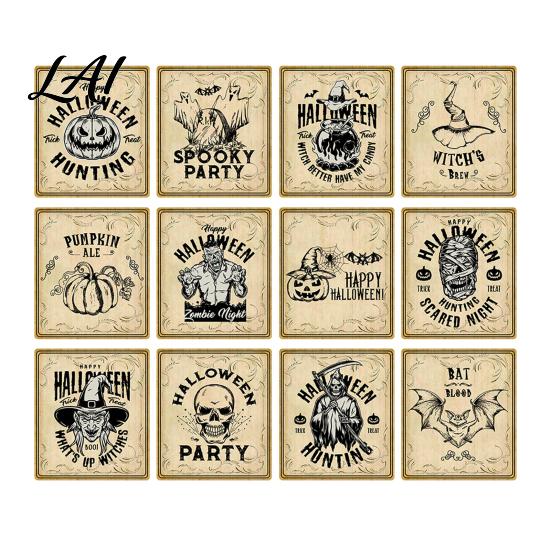 Self Adhesive Bottle Decals 12Pcs Halloween Wine Labels Vintage Retro Stickers with Witch Skull Nostalgic Paper Wraps Bat Pumpkin Design