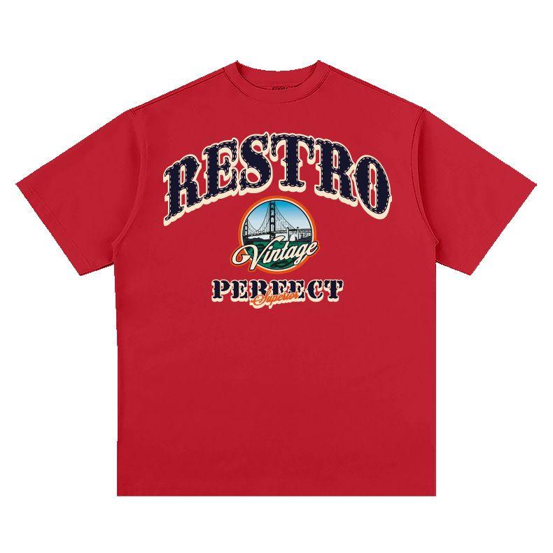 American Retro and Simple City Boy Style Printed Hip-hop Heavyweight Loose Off-the-shoulder Short-sleeved T-shirt Trend