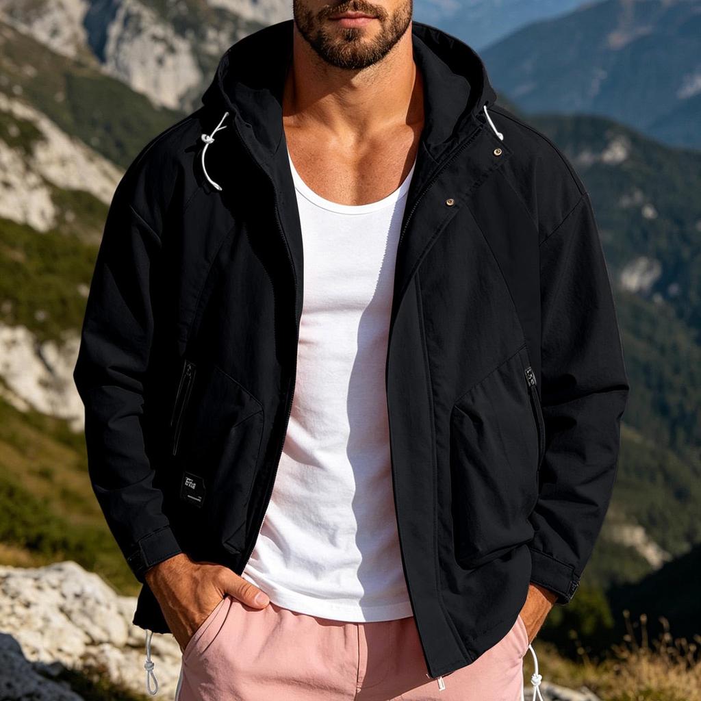 Men's Color-Block Windproof Outdoor Jacket with Removable Hood, for Hiking and