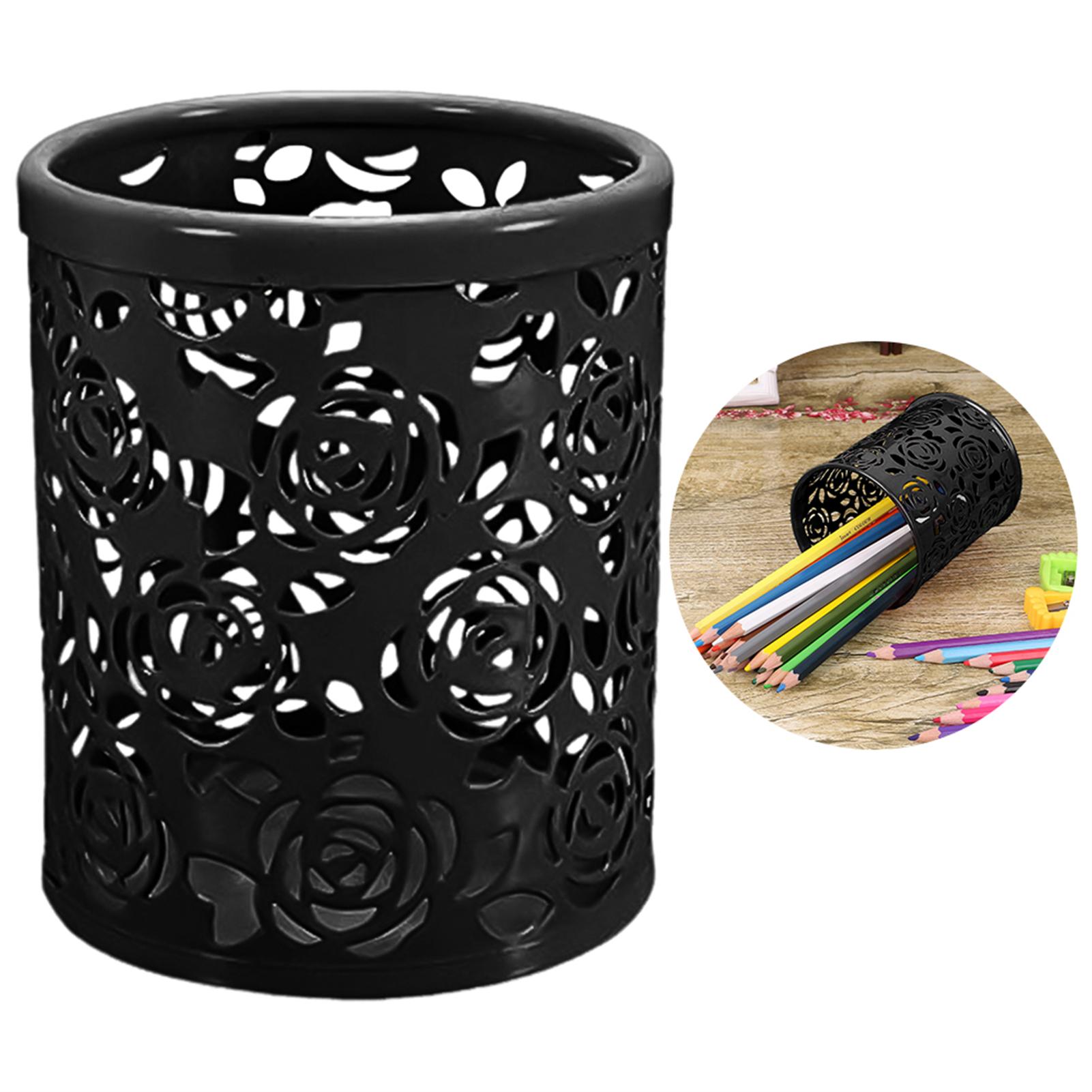 

Creative Hollow Rose Pattern Pen Pot Holder Fashion Desktop Pen Cup Makeup Brush Container Aesthetic Desk Organizer For School чёрный