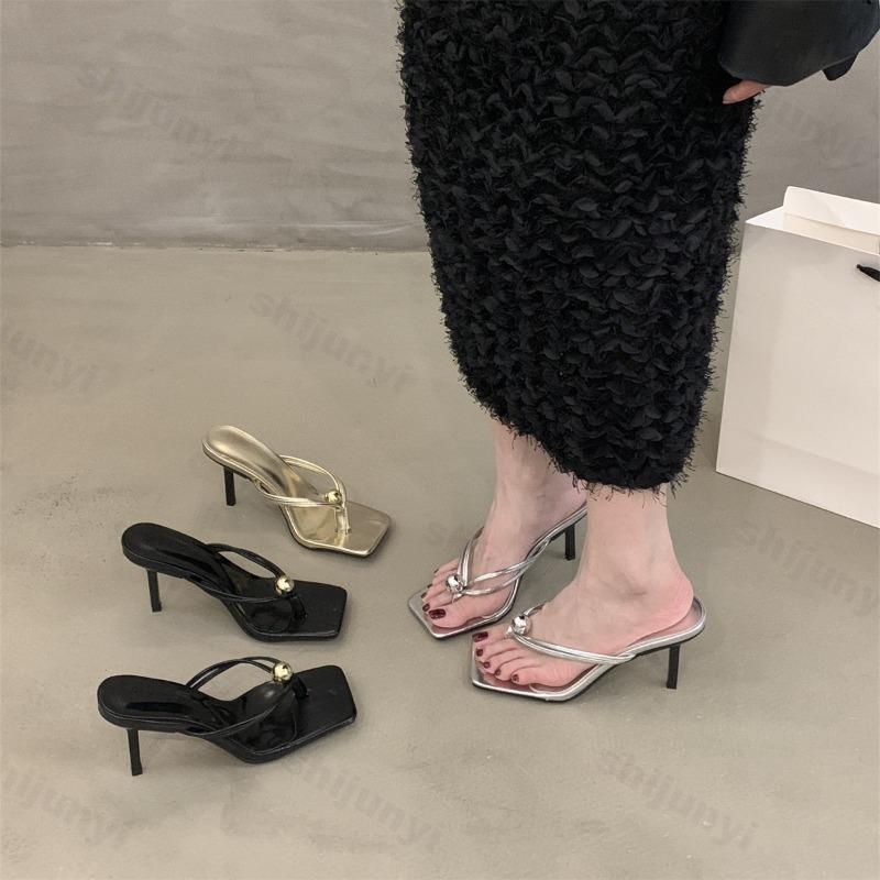 Summer Women High-heel Slippers 2026 Elegant Outdoor Square Toe High Heels Fashion Thin Heel Outdoor Ladies Flip Flops Slippers