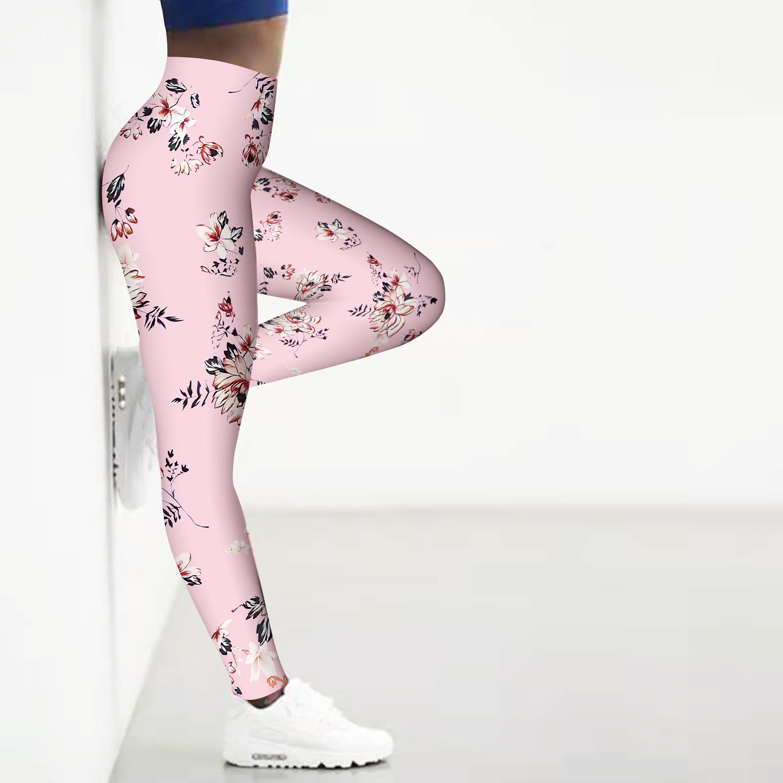 

Womens Green Flowers Prints Stretch Yoga Leggings Fitness Running Gym Sports Active Pants 8XL рожевий