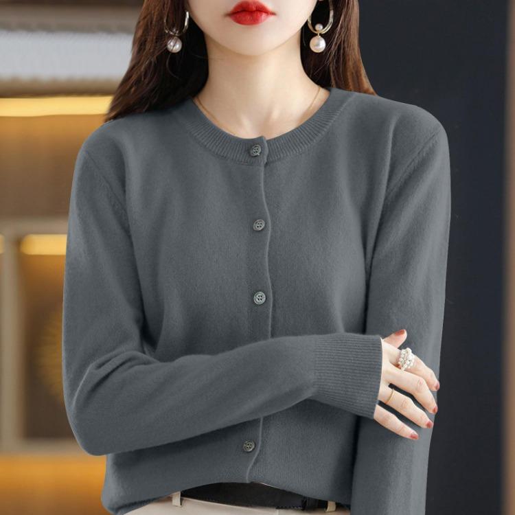 Warm Knit Cardigan for Women Button Front Round Neck Sweater Top Outerwear S