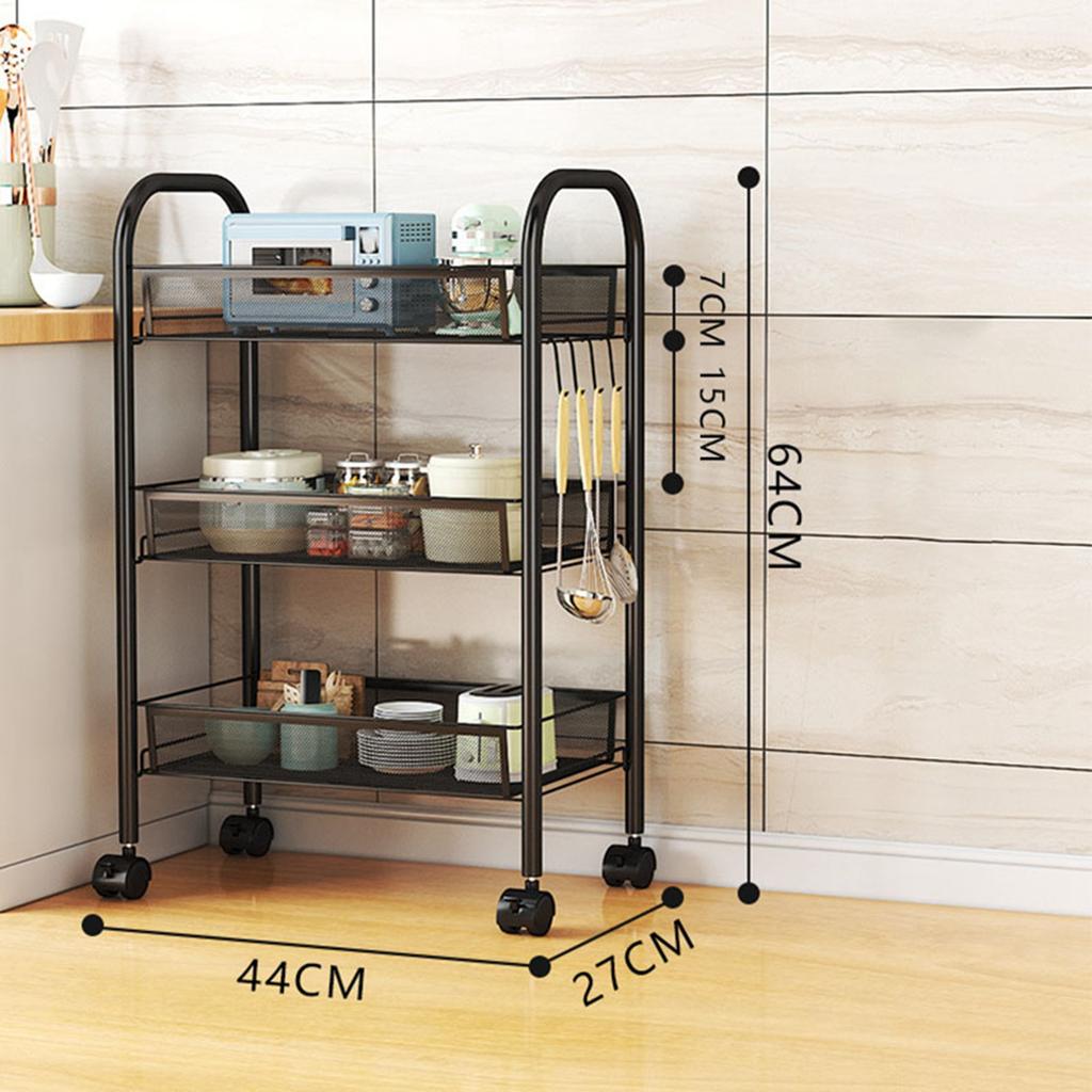 Rolling Storage Cart Layered Storage Shelves Multi Functional Movable Snack Vegetable Baskets Kitchen Shelves Black