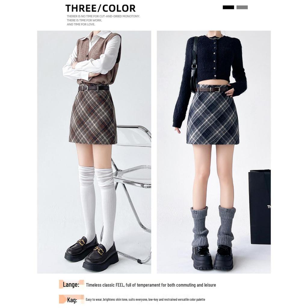 Women's High Waist Plaid Wool A-Line Skirt - Retro Style for Spring and Autumn