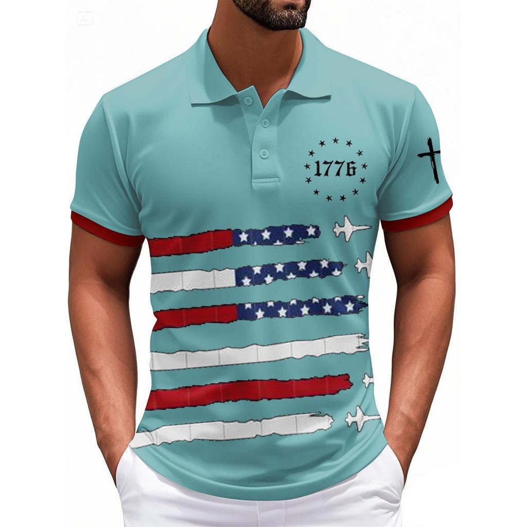 Fashionable Men's Casual Independence Day Printed Neck Short Sleeve Top