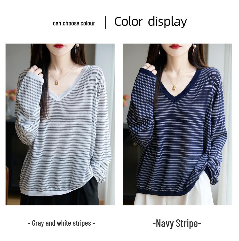 V-neck Double Stripe Color-Block Sweater for Autumn/Winter Fashion
