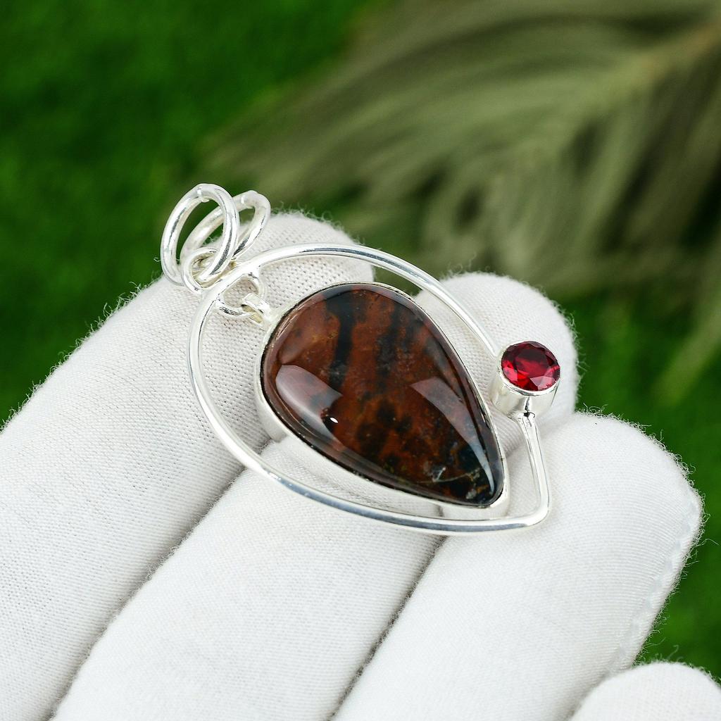 925 Sterling Silver Bloodstone Stone Rubillite Birthday Artisan Pendant Jewelry
