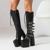 Fashion New Punk Goth Women Motorcycle Boots High Heeled Knee High Platform Shoes Heart Buckle Lace Up Luxury Trendy Winter Street Boots