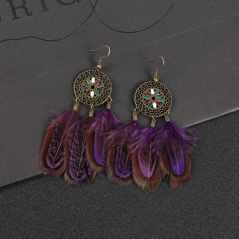 Original bohemian natural velvet feather earrings, female retro personality versatile elegant fringed fashion ear jewelry