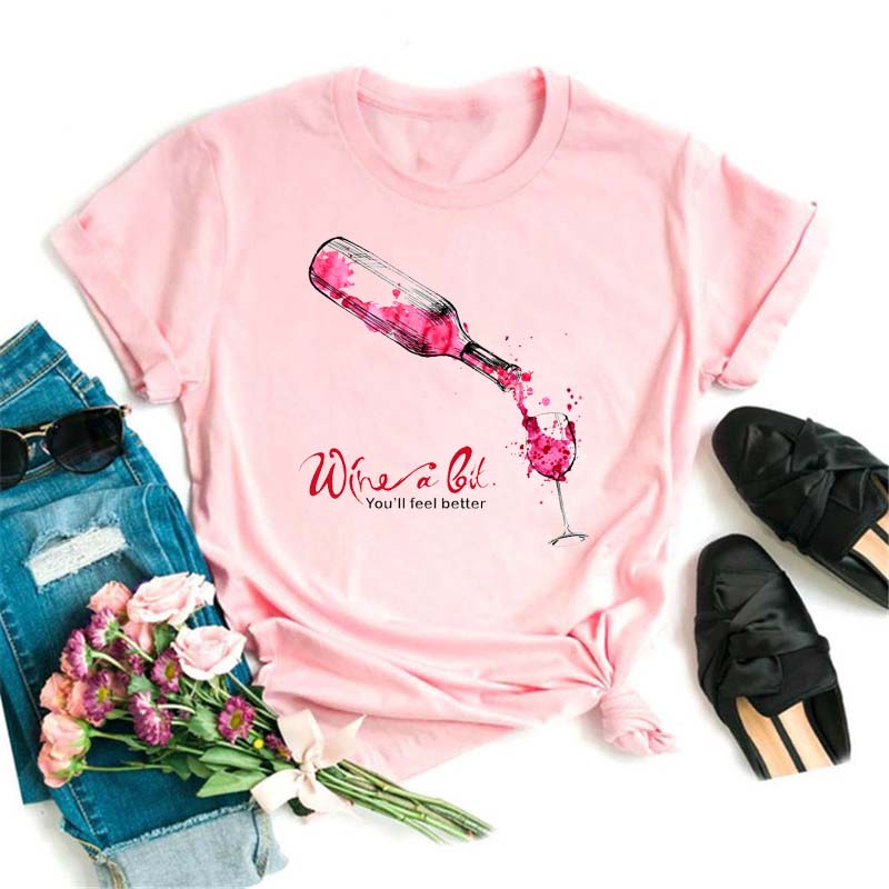 New Women T-Shirt Casual Short Sleeve T Shirt Women's Fashion Rose Red Wine Glass Printed Black T-Shirt Female Tops Tees