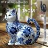Elegante Blau-Weiße Porzellan Katze Acryl Schreibtischdeko, 2D Flaches Kunstdesign, Boho Stil für Home Office Bar Cafe, Perfektes Geschenk für Katzenliebhaber, Valentinstag
