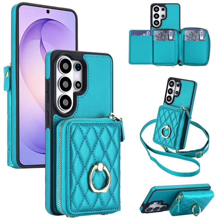RFID Blocking Crossbody Rhombic Zipper Wallet Shockproof Phone Case With Ring Holder For Galaxy S22 Ultra 5G