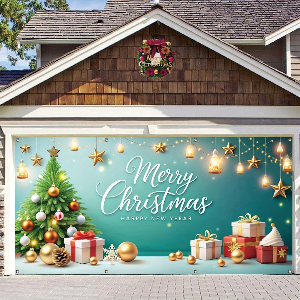 Christmas garage door backdrop with lights and stars, photo booth props for holiday outdoor decoration