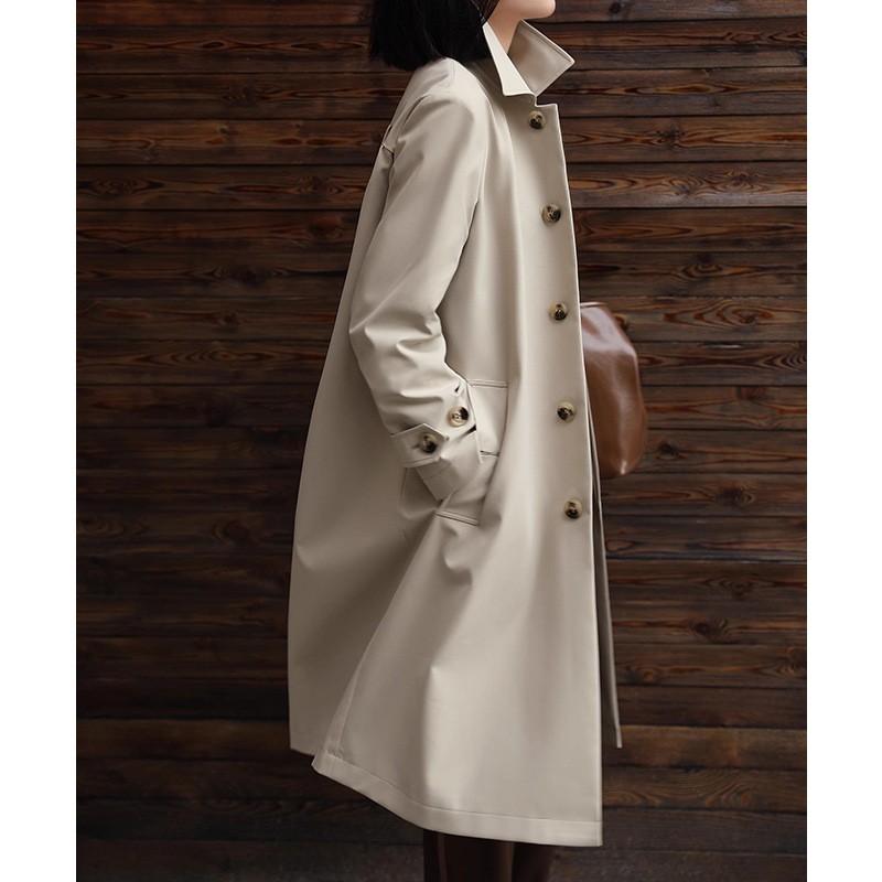 Womens Mid-Length Water-Resistant Wrinkled Trench Coat Cotton Blend Long Sleeve Single-Breasted Office Chic