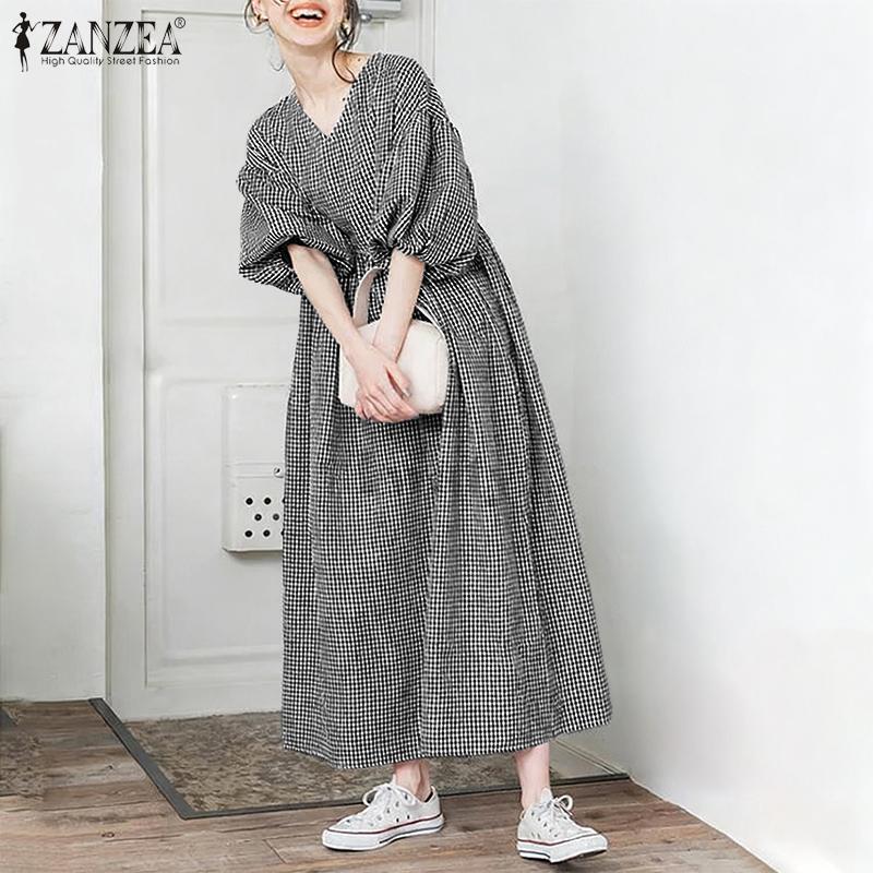 ZANZEA Women Casual V-Neck Summer Short Sleeve Plaid Print Dress