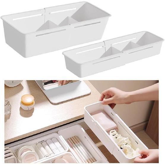 2PCS Expandable Storage Drawer Organizers Sliding Bin Plastic Desk Drawer Trays with Removable Dividers Adjustable Makeup Storage Bins for Bedroom,