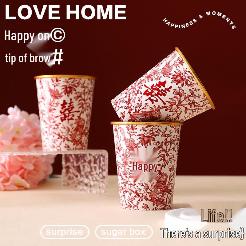 Wedding Gold Foil Disposable Paper Cups for Tea Ceremony & Toasting - Happy Celebration Supplies Red Gold Foil Cup 50 pcs