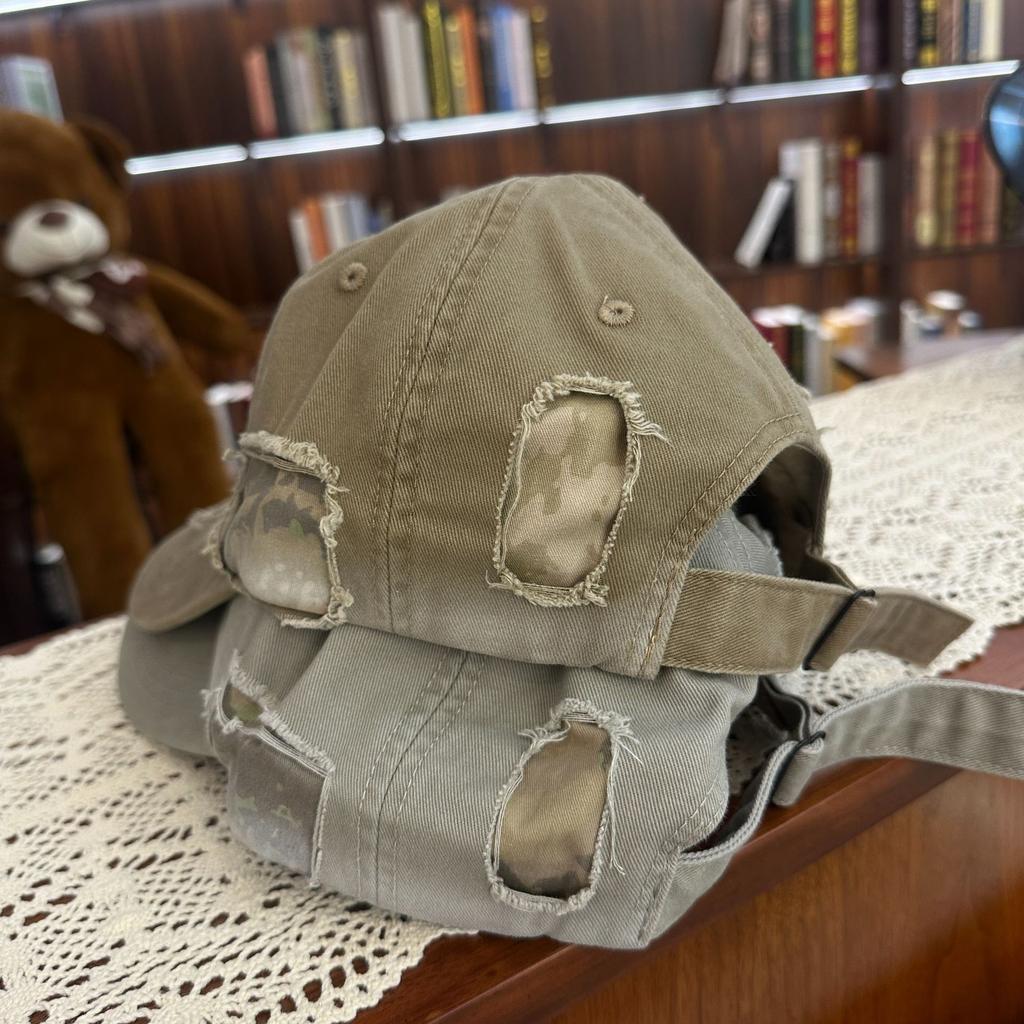 Japanese Style Distressed Hole Star Embroider Baseball Cap for Women Easiest for Matchretro Distressed Big Head Circumference Face Showing Small Peake